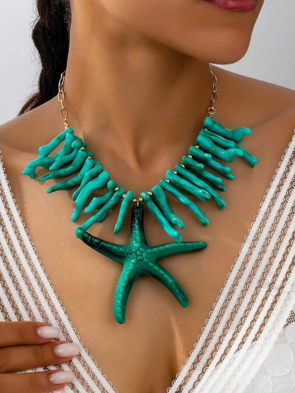 Teal Starfish Coral Bib Necklace R725